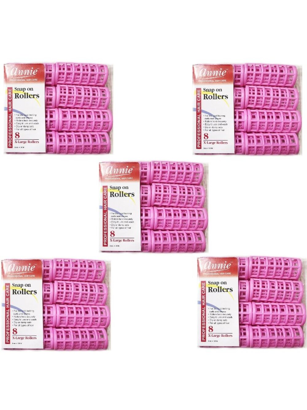 Lot of 5 Annie XL Extra Large 1-1/8 inch Snap On Rollers 8 count Pack Pink NEW
